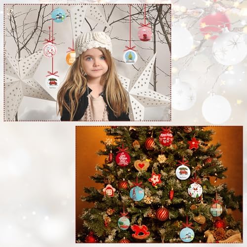 Queekay 25 Pcs White Round Acrylic Christmas Ornament with Red Ribbon DIY
