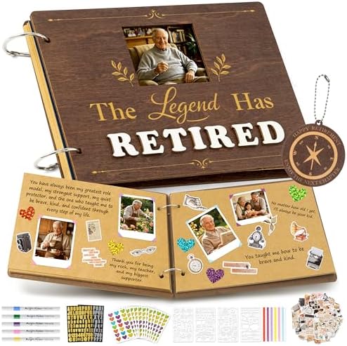 CY2SIDE Retirement Wooden Scrapbook Kit - 109PCS The Legend Has Retired Memory Book Gift for Men Women Coworker Teacher Parents, DIY Photo Book Keepsake Album for Retirement Party Farewell Celebration