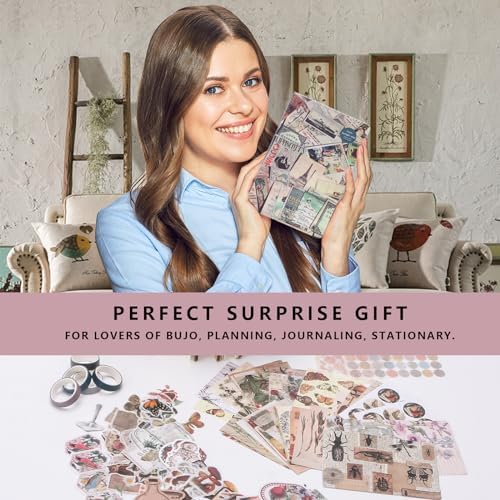 SaFeHoM 212 Pcs DIY Vintage Journal Set for Women Gifts Scrapbook Diary Supplies including Aesthetic Journals, Scrapbook Paper, Washi Stickers, Tape, Dot Stickers