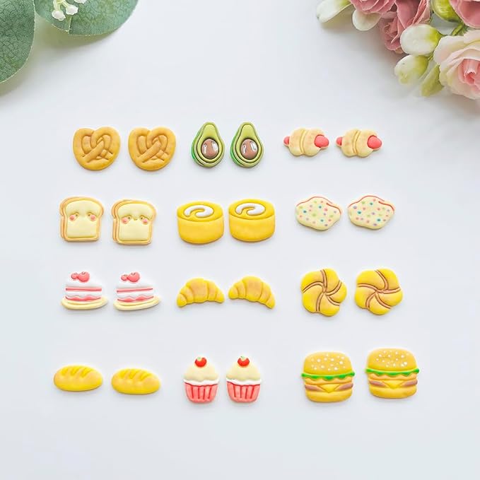 Xaekicr Bakery & Food Theme Polymer Clay Cutters Set - 12pcs Miniature Shapes Including Croissant, Burger, Avocado, Cupcake, Bread & Toast for DIY Earring Jewelry, Soft Clay Crafts & Scrapbooking