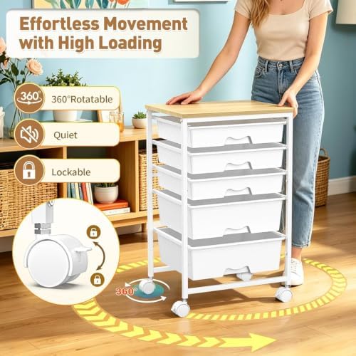 SUNALLY Rolling Carts With 5 Drawers, Storage Drawer Carts for Craft, White | Rolling Utility Cart with Wooden Tabletop & 2 Lockable Wheels, Teacher Storage Cart for Classroom School, Makeup, Nail, Art