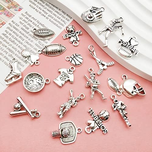 100pcs Antique Silver Sport Charms for Jewelry Making Alloy Football Baseball Softball Soccer Charms for DIY Crafts (SN272)