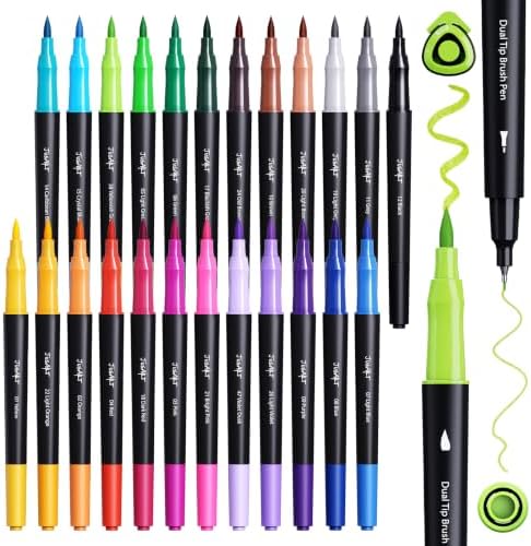 JusArt Dual Tip Markers for Adult Coloring Books, 24 Colors | Triangle Grip, 33% More Ink, Fine & Brush Tip Pens, Color-Coded Barrels, Water-Based Ink for Drawing, Journaling, Calligraphy