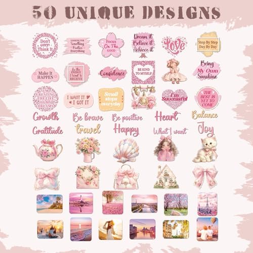 Pink Vision Board Stickers - 50 Pcs Cute Aesthetic Travel Kit