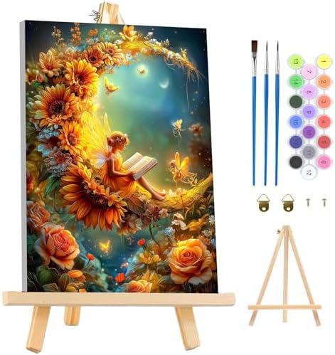 MAXBYE Moon Paint by Numbers Kit for Adults with Frame and Wooden Easel, Fairy Easy Painting Numbers Art Kits with Frame on Canvas, DIY Acrylic Painting Kit for Gift Home Wall Garden Decor 10×14 in