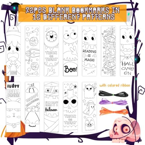 72Pcs Halloween Color Your Own Bookmarks, Coloring Blank Bookmarks for Kids