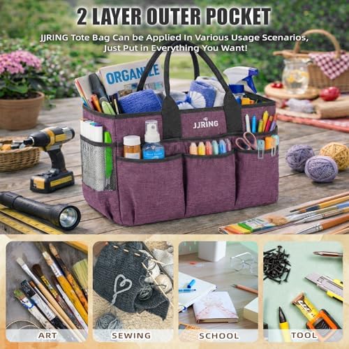 JJRING Large Art Supply Storage Tote Bag With Mesh Pockets, Purple