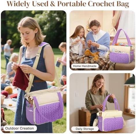 DALINDA Crochet Bag Organizer,Yarn Bag and Tote- Yarn Storage with Multiple Pockets for Crochet Supplies, Knitting Bag for Gifts,Portable & Durable(Purple)