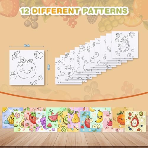 12 Packs Fruit Pre Drawn Canvas to Paint, Pre Printed Canvas for Painting, Pre Stretched Canvas Outline Painting Boards for Beginners, Students, Party Favors(4 * 4in)