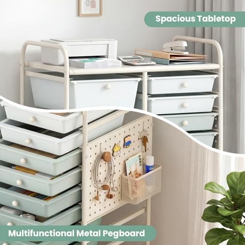 GOFLAME 15-Drawer Rolling Storage Cart with Pegboard, Craft Storage Cart with Lockable Wheels and Metal Frame, Art Cart Supply Storage Organizer for Home Office Classroom, Green Gradient