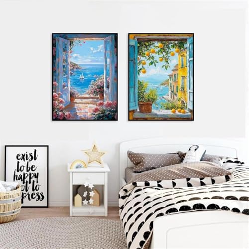 Clendo 4 Packs Summer Scene Paint by Numbers Kits for Adults, DIY Lemon Tree Adult Paint by Number Kits on Canvas, Digital Oil Number Painting for Home Decor (12x16 Inch)