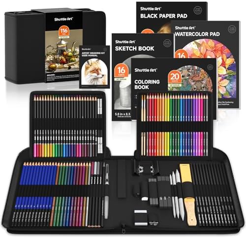 Shuttle Art 116 PCS Drawing Kit, Professional Drawing Supplies with Sketch, Charcoal, Colored, Graphite, Pastel Pencils & Sticks, Complete Drawing Tools and Paper Pads in Zipper Case for Artists&Kids