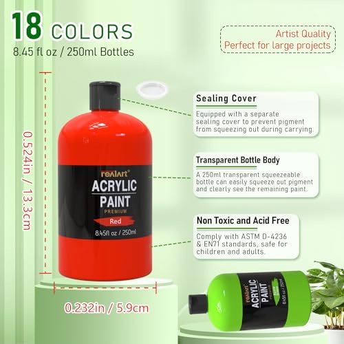 REALART Large Acrylic Paint Set (8.45oz / 250ml) Bulk Acrylic Paint Bulk Art Supplies For Canvas Painting