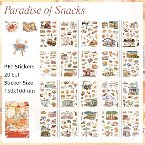 Snacks Series Sticker Scrapbooking Supplies for Junk Journal, 20 Sheets PET Stickers