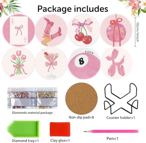 8 Pcs Pink Disco Diamond Art Coasters Kits, Diamond Painting Coasters Kits