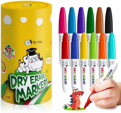 Mini Dry Erase Markers for Kids, 12 Colored Fine Tip White board Markers