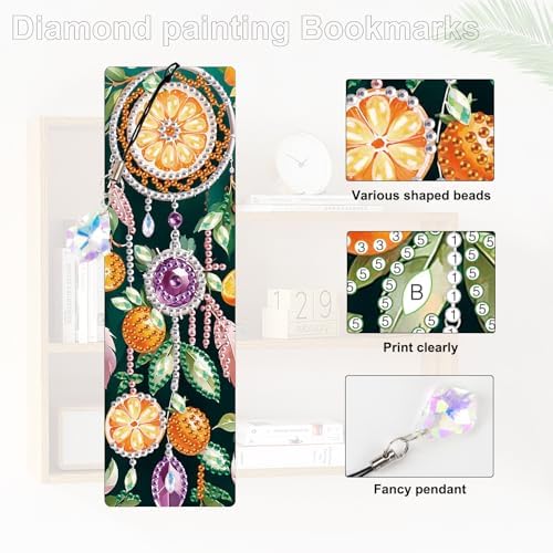 4 Pcs Diamond Painting Bookmarks, DIY Orange and Dreamcatcher Diamond Art Bookmark Kits for Adults, Rhinestone Drill Fruit Bookmarks with Tassels for Beginners