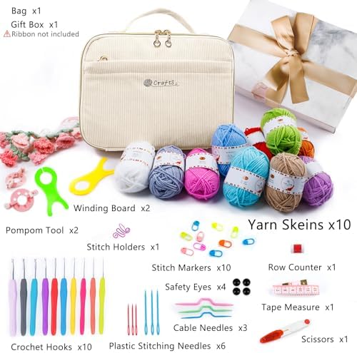 MYBAGZING Crochet Kit for Beginners with Yarn Storage Bag, 10pcs Crochet Hooks 2.0-6.0 mm, 10 Skeins Yarn for Crocheting, Knitting Accessories, 58pc Crochet Starter Kit for Adults