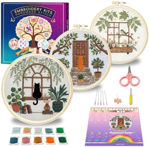 Huacan Embroidery Kit for Adults Beginners with 3 Hoops & Gift Box