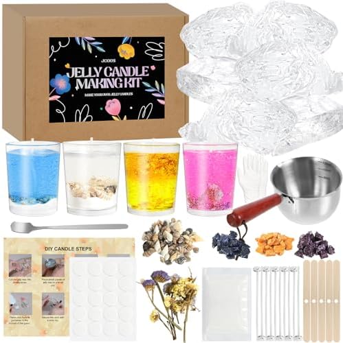 Jcoos Jelly Candle Making Kit, DIY Jelly Wax Melts, Candle Making Kit for Adults, 1.5 lb Gel Wax for Candle Making, Candle Wick, Dried Flowers, Conch, Sand, Dye, Crafting Valentine's Day Gift