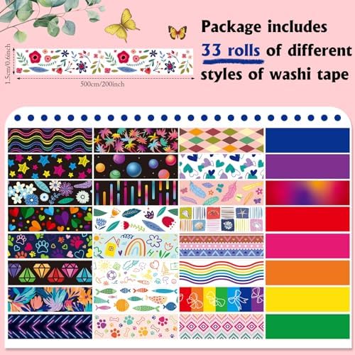 TaoBary 33 Rolls Washi Tape Set, 15mm Holiday Seasonal,Cool Style