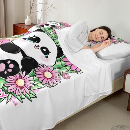 Manfei Cute Panda Flowers Sheet Set Lovable Animal Pink Theme Bedding Set Lively Green Leaves Bed Sheets Teens Room Decor White Pink (Queen Flat & Fitted Sheet with 2 Pillow Case)