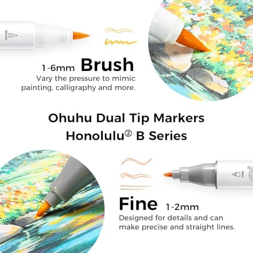 Ohuhu Alcohol Markers Brush&Fine 168 Colors for Adults Coloring Honolulu 2B | Brush Markers Set for Artists Adults Coloring Illustration, Double Tipped Brush Tip Alcohol-based AP Certified Refillable Ink
