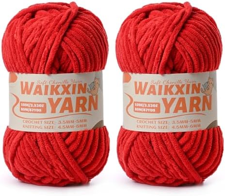 （2 Red） 2 Pack Super Soft Fuzzy Chenille Chunky Yarn for Crocheting, 200g (175yds) Velvet Fluffy Amigurumi Yarn for Hand Knitting Baby Blankets Weaving Craft