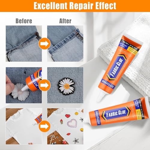 2 Pack Fabric Glue Permanent, 60ML/2.02oz Washable Clear Clothing Glue, Super Fabric Adhesive for Rhinestones, Patches, Clothes, Denim, Leather, Polyester, Fabrics, Doll Repair, Flannel, Cotton