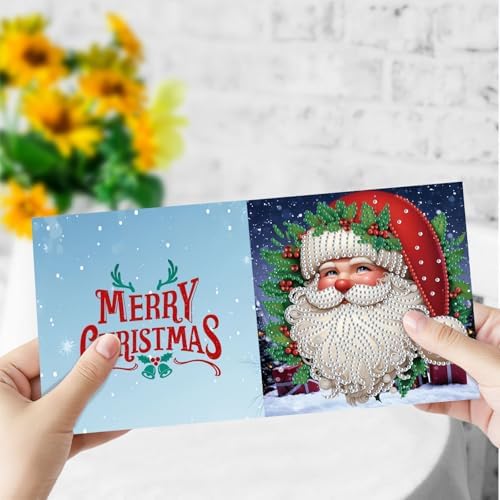 6Pcs Christmas Greeting Card DIY Diamond Art Painting Greeting Cards Blessing Folding Card Kit with White Envelopes Diamond Arts Crafts for Birthday Festival Gift-Santa Claus01