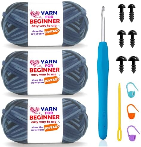 3 Pack Rainbow Beginner Crochet Yarn for Crocheting Knitting Multicolor Cotton Crochet Yarn for Beginners with Easy-to-See Stitches Cotton-Nylon Blend Easy Yarn for Beginners(Blue Black)