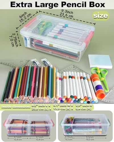 6 Pack Extra Large Pencil Box with Removable Divider, Thickened Pencil Case Bulk, Clear Crayon Marker Organizer Stackable Plastic Small Storage Containers for Pen Craft School Supplies (Multi)