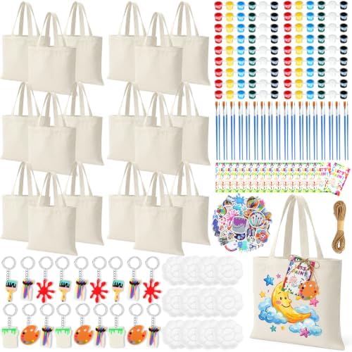 Blueweenly 24 Sets Paint Party Favors Mini Canvas Tote Bags Painting Kit 8" x 8" Color Your Own Canvas Tote Bag Decorating Kit with Paints Palette Brush Keychains for Kids DIY Art Party Classroom
