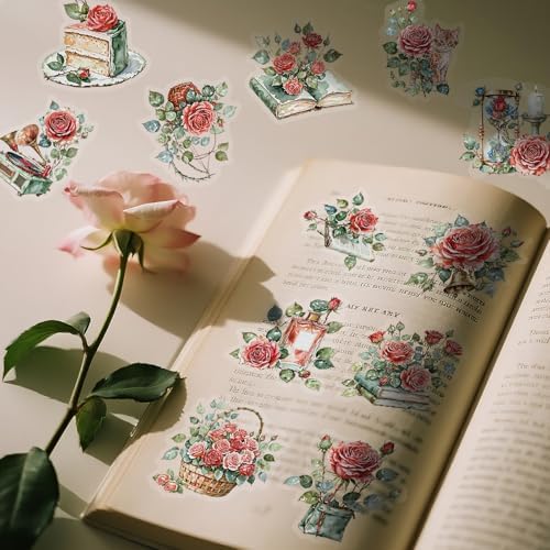 56PCS Vintage Rose Clear Stickers Pack, Watercolor Floral Scrapbook Stickers, Red Flower Aesthetic Decals for Journaling, Planner, Valentine's Day Crafts, Collage Decoration