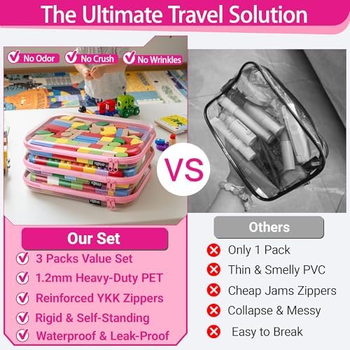 YQBRAO Clear Hard Shell Zipper Cases, 3 Large Travel Organizers, Pink