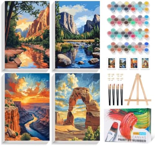 4 Pack Framed Paint by Numbers Kit for Adults National Park, Wooden Easel | With Frame, National Parks DIY Acrylic Painting, For Adults Beginner, Stress Relief Craft Kits, Home Wall Decor Gift, 8x12 IN