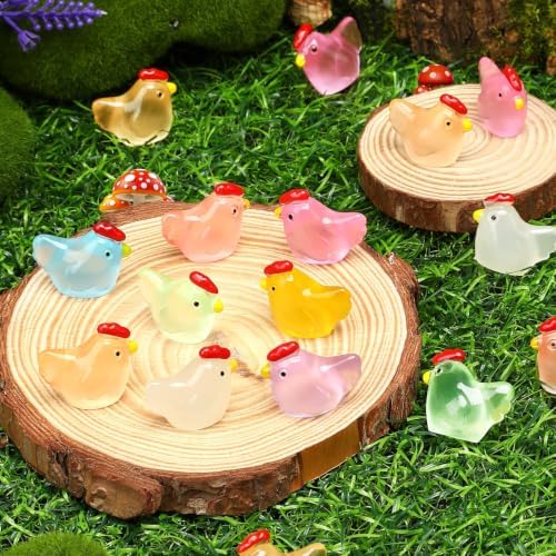 JUNEBRUSHS 50 Pcs Mini Chickens Tiny Resin Chicken Luminous Hen Figurines Glow in The Dark Chicken Ornament for Crafts Home Garden Table Decor