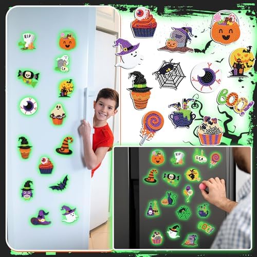 Motipuns 30 Pcs Halloween Diamond Art Magnets Glow in the Dark Diamond Art