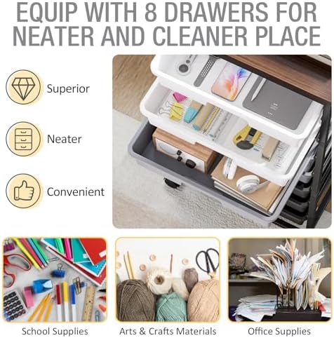 Rolling Storage Cart with 8 Drawers, Utility Cart on Wheels with Wooden Tabletop, Utility Cart for Teacher Storage, Office Organizer, Classroom Storage Cart, Craft Storage, Grey | Utility Cart on Wheels with Wooden Tabletop,Teacher Organization for Cla...