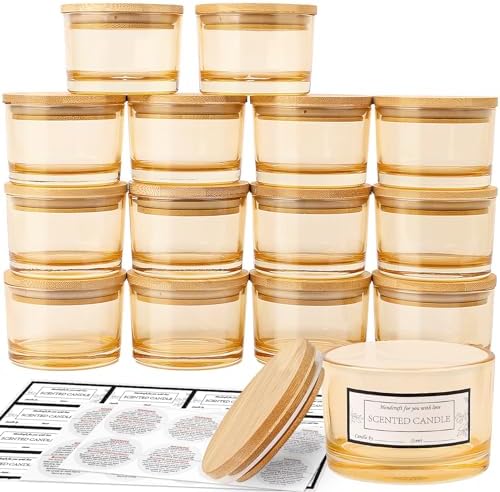 CONNOO 15 Pack 4oz Gold Amber Glass Candle Jars with Airtight Bamboo Lids