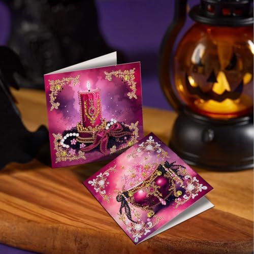 POETRYDRAW DIY Diamond Art Painting Greeting Card Kit, Creative Craft Set for Card Making，Pink Halloween