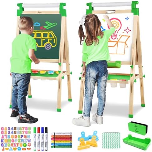 Joyooss Art Easel for Kids Easels for Toddler with Paper roll Green | Wooden Chalkboard for Kids Adjustable Double Sided Dry Erase Board,Toddler Art Easels for Kid Ages 4-8