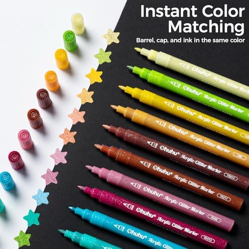 Ohuhu Acrylic Glitter Markers 24 Colors Fine Tip for Painting Coloring