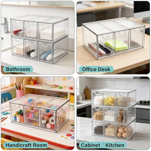 Prsildan Acrylic Makeup Organizer Stackable Storage Drawers with 3 Drawers for Office Desk Vanity Craft Room Clear Drawer Organizers for Hair Accessories Art Supplies Cosmetics Modular System