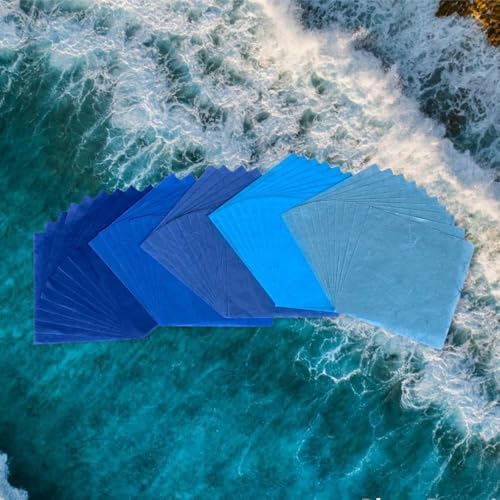 Natural Fiber Mulberry Paper Sheets 6 x 6 Inches, 50 PCS Handmade Craft Paper for Origami, Scrapbooking, Card Making, DIY Decoration, Mixed Media Art (Ocean Blue Tone, 6x6 Inch)