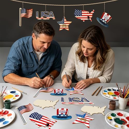 30Pcs Patriotic July of 4th Independence Day Unfinished Wooden Gift Ornaments DIY Craft Activity Paintable Blank Cutouts Hanging Wood Slices for Memorial Day Classroom Art Crafts Party Supplies
