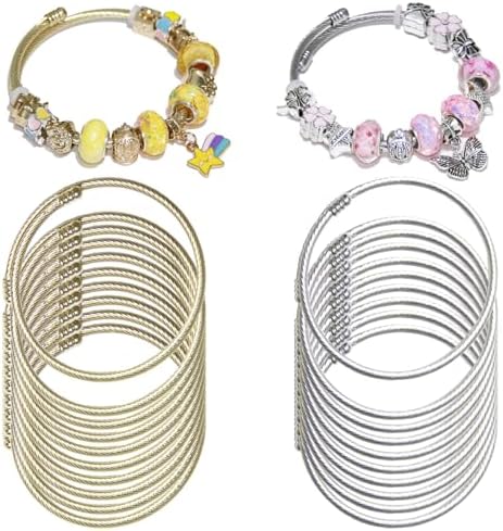 Exway 20 Pcs Elastic charm Bracelet chain Stainless Steel Cable Wire Twisted Cuff Bangle Bracelet Gold And Sliver charm Bracelets Kit for Crafts DIY Women Jewelry Making