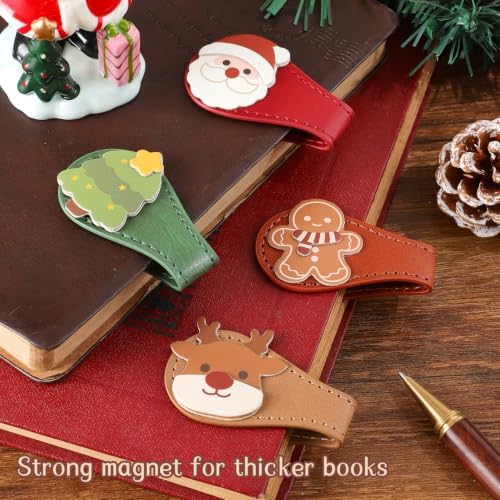 4PCS Christmas Leather Magnetic Bookmarks Set, Festive Xmas Book Markers for Reading Women & Men, Holiday Reading Accessories for Book Lovers，Adults & Kids, Unique Christmas Stocking Stuffers