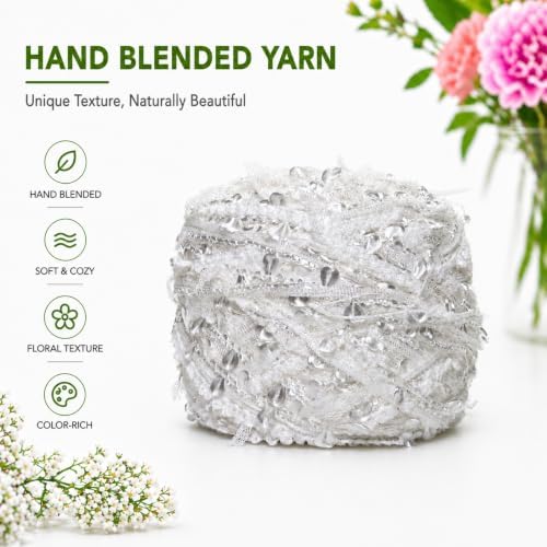 Soft Fancy Yarn for Crochet and Knitting, Novelty Art Yarn for DIY Crafts, Textured Decorative Yarn for Weaving, Handmade Projects and Home Decor (Pearl Silver)