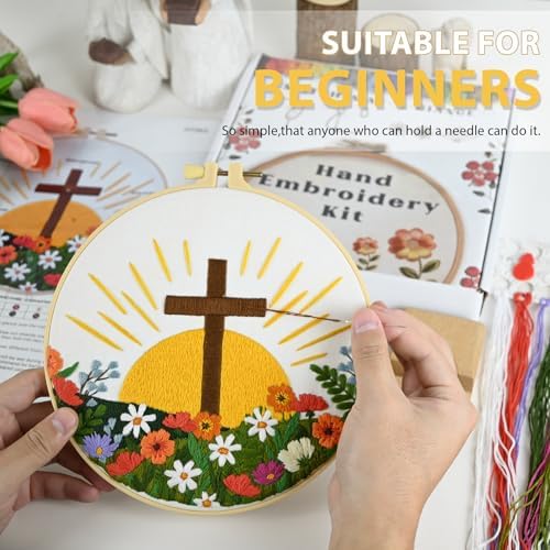 ElasignShopo Christian Embroidery Kit for Beginners Adults, Easy Cross Stitch Kit Easter Cross Jesus Pattern Embroidery Starter Kits with Wooden Hoop, Needles, Threads and Instruction Easter Gift
